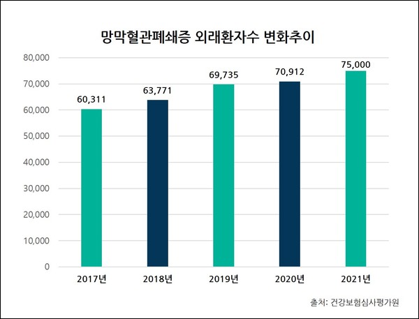    2017-2021년 망막혈관폐쇄증 외래환자수 변화추이(건강보험심사평가원 출처).