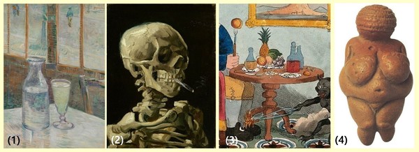 그림 A. (1) 『압생트, 유리병과 함께하는 고요한 삶』, (2) 『담배 피는 해골』, (3) 『통풍의 도입』 부분, (4)『빌렌드로프의 비너스』.