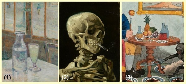 그림 B. (1) 『압생트, 유리병과 함께하는 고요한 삶』고흐 (1887년), (2) 『담배 피는 해골』 고흐 (1885년), (3) 그림 『통풍의 도입』 조지 크룩생크 (19세기) 부분
