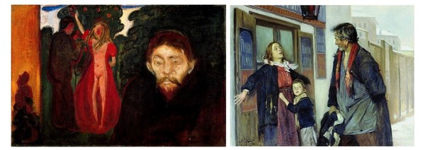 그림 C. 『질투』 에드바르 뭉크 (1895년) (좌) 및『제발, 들어가지 마세요』 블라디미르 마코브스키 (1892년) (우)