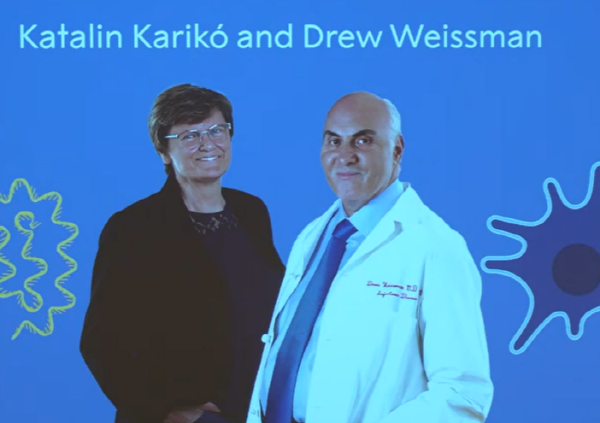 2023년 노벨생리의학상 수상자로 선정된 미국 펜실베이니아대 카리코 카탈린 특임 교수(왼쪽)와 드루 와이스먼 교수