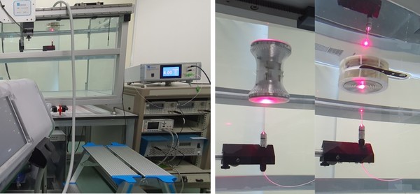 케이메디허브 보유 음장 분포 측정 시스템(좌측)과 광섬유 센서를 이용한 고강도 충격파 측정 모습(우측)